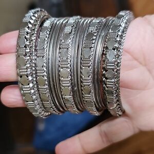Pakistani steel Silver-Tone Stacked Bangle Bracelet Set - Women